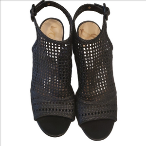 Sam Edelman Evie black leather Basketweave chunky stacked heel sandal